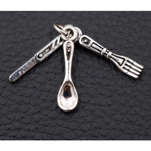 Popular Mini Cutlery Combined Pendant - Table Knife Charms Fork Charms Soup Spoon Charms Silver Plated A1982 6pcs