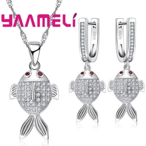 Romantic Style 925 Sterling Silver Necklace&Earrings Set Classical Elegant Retro Style Red Eye Stone Fish Shape For Girl