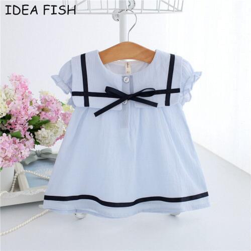 IDEA FISH Summer Baby Dress Cotton Bow Infant Girl Dresses Puff Sleeve Toddler Baby Girl Clothes blue white 0-2T