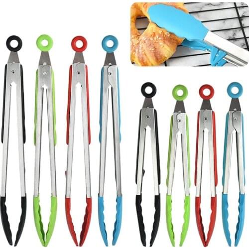 Portable Silicone Food 27CM Tongs Stainles Steel Kitchen Tong Non-slip Cooking Clip Clamp BBQ Salad Tools Grill Accessories