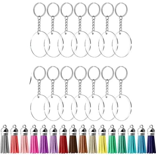 Practical 64 Pcs Acrylic Transparent Discs Blank Keychains Circle Key Chains and Tassel Pendant Keyring for DIY Project and Craf