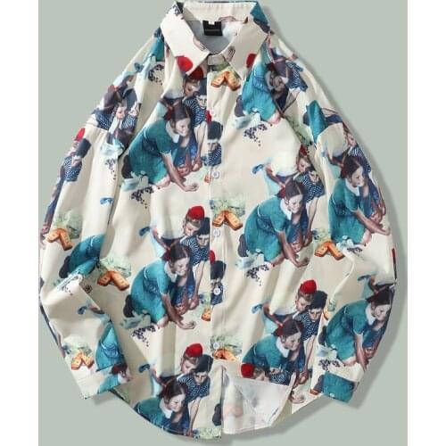 Retro Anime Character Print Shirt Men Summer Hip Hop Loose Long Sleeved Casual Wear NEW Harajuku Streetwear Oversize Shirts Tops