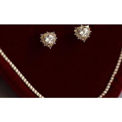 Cute Female Crystal Love Heart Earring Real 925 Sterling Silver Gold Stud Earrings For Women Charm White Zircon Wedding Earrings