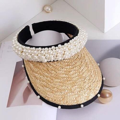 Summer Pearl Ribbon Handmade Straw Empty Top Hat Casual Lady Visor Cap Baseball Hat Equestrian Hat Korean Fashion Bonnet Enfant
