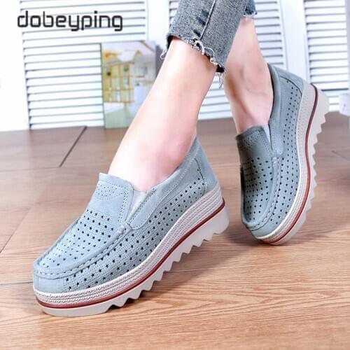 Summer Womens Shoes Breathable Hollows Flat Platform Ladies Sneakers Female Cow Suede Leather Loafers Woman Wedges Slip On Shoe