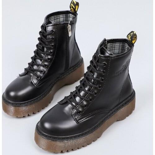 Women Ankle Boots Female Platforms Shoes Motorcycle Botas for Martins Boots 2020 Winter Spring Lace-up Thick-soled Leather Shoes