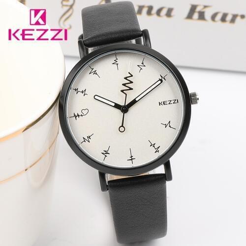 Kezzi Braand Creative Lightning Wave Quartz Watch Woman Classic Black Leather Wristwatches Casual Lady Dress Reloj Mujer