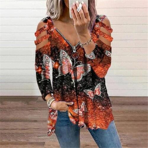 Womens Tops And Blouses Butterfly Prints Cold Shoulder Long Sleeve Ruched Tops Casual Vintage Loose Pullover Blusa Feminina #35