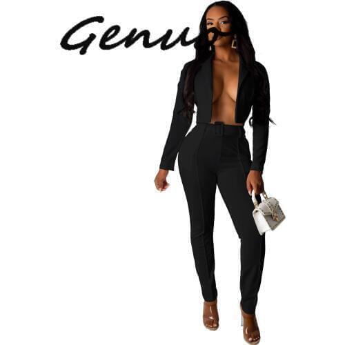 OL Pant Suits Workwear Short Blazer Jacket And Long Tight Pants 2 Two Pieces Set Women Leisure Sports Suits with Belt