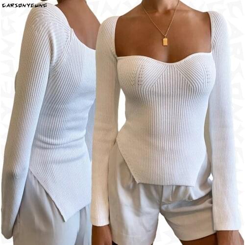 2021 New Women Side Split Knit Sweater Top Long sleeve Square-neck Casual Fashion Woman Slim-fit Tight Knitted sweaters Pullover