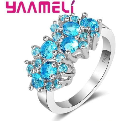 Fashion Women Geometric Jewelry 925 Sterling Silver Ring With Aqua Blue Clear Cubic Zirconia For Lady Party Jewelry