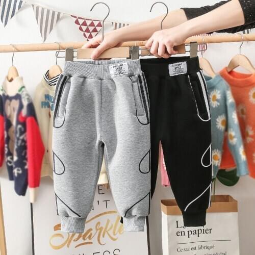 Winter Kids Casual Sports Trousers Baby Boys Letter Print Cotton Loose Pants Fashion Plus Velvet Warm Pants For Boy 2-10 Years