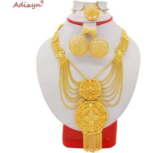 Adixyn Dubai 60cm Chain/Earrings/Ring Jewelry Set 24k Gold Color India African Nigeria Bridal Wedding Gifts N121013