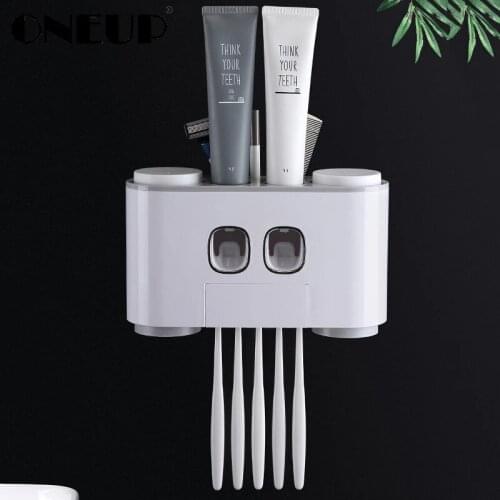New Automatic Toothpaste Dispenser Dust-proof Toothbrush Holder with 4 Cups No Nail Wall Stand Shelf Bathroom Accessories Sets