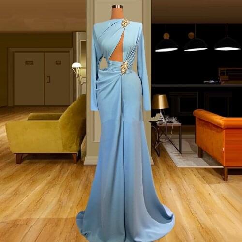 Dubai Beaded Long Evening Dresses Long Sleeves Middle East Slim Fit Arabic Prom Dress Robe de soiree Formal Party Gowns