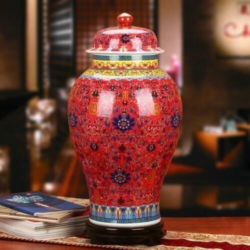 Jingdezhen Porcelain jar Enamel Colored Chinese Red Fu Shou Grand temple jar Vase Classical Chinese Household Decoration