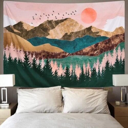 Mountain Tapestry Forest Tree Tapestry Sunset Nature Landscape Tapestry Wall Hanging for Room 59.1Inch