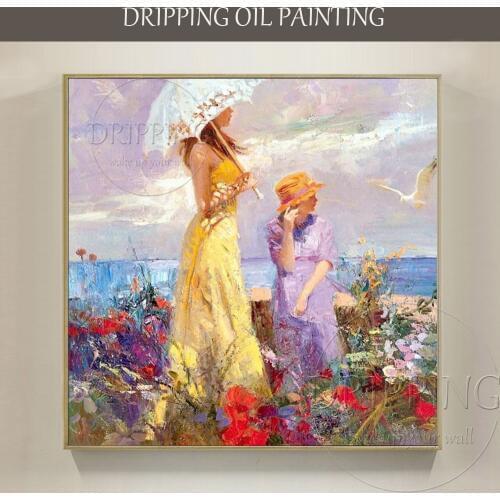 Artist Hand-painted High Quality Impressionist Portraits Oil Painting on Canvas Beauty Ladies with Umbrella Oil Painting