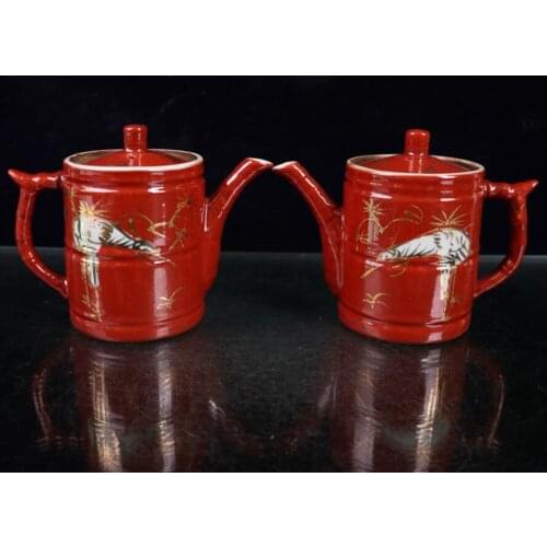 China Red glaze ceramic crane teapot crafts statue A pair