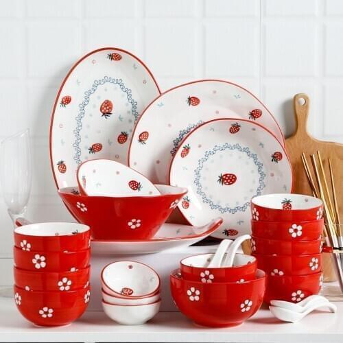Red Ceramic Dinner Plate Strawberry Style Steak Food Dish Rice Fruit Salad Noodles Bowl Porcelain Tableware Set
