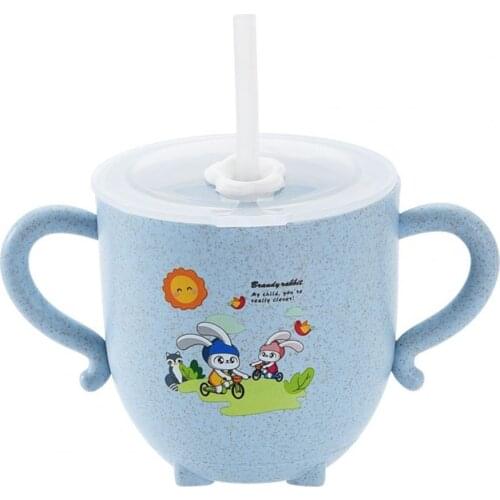 270ml Child Feeding Mug Cartoon Pattern Dual Use Wheat Straw Cute Baby Drinking Cup with Straw for Home Infant Training Cup