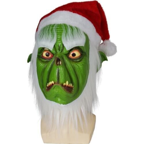 Reneecho Grinch Santa Monster Mask Christmas Eve Scary Mask Dr. Seuss Grinch Latex Helmet With Christmas Hat