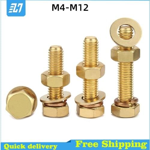 Brass Hex Hexagon Outer External Machine Bolt Metric Thread Cap Screw Hex Nut Flat Washer Set M4 M5 M6 M8 M10 M12