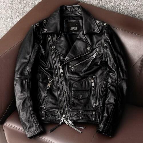 2021 Mens Black American Style Motorcycle Leather Jacket Men Plus Size 5XL Genuine Cowhide Autumn Slim Fit Bikers Coat
