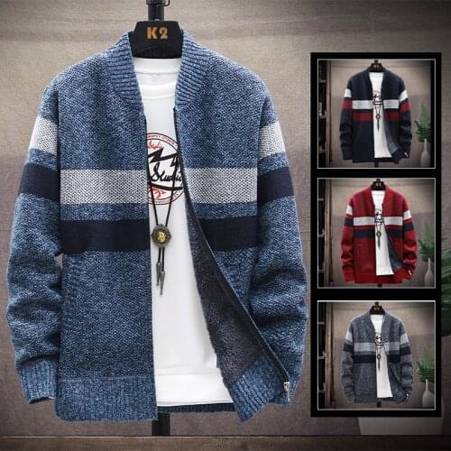 2021 New Jersey coat men autumn/winter fleece thick wool sweater zipper cardigan fashion baseball collar stripe jacket