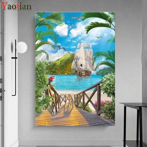 Ship Seaside Tree Bridge scenery 5d diy diamond painting full square drill mosaic picture of rhinestones Diamond embroidery set