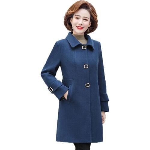 New Women Woolen Coat Autumn Winter Fashion Elegant Mother Solid Color Slim Mid-length Woolen Outerwear Female Plus Size Jacket