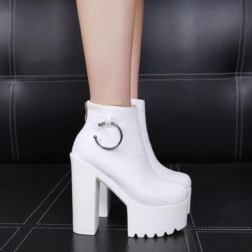 Europe and America Sexy White Super High-Heel Short Boots Muffin Thick-Soled Womens Ankle Boots Catwalk Square Heel Martin Boots