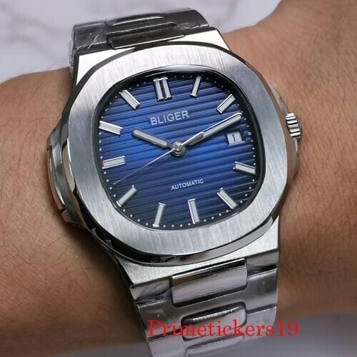 Dress 40mm Automatic Movement Blue Dial Sapphire Glass Date Mental Strap Square Case Solid Back