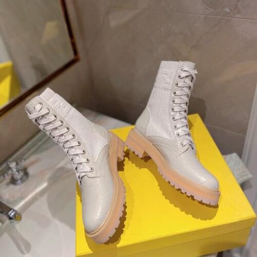 2021 Newest Winter Shoes Woman Marten Boots Genuine Leather Lace Boots Woman Mid-Calf Boots Woman Round-Toes Square Heels Boots