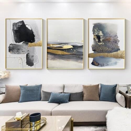 Nordic Abstract Luxury Black Ink Decorative Painting Golden Graffiti Landscape Canvas Wall Frameless Picture Poster Living Room