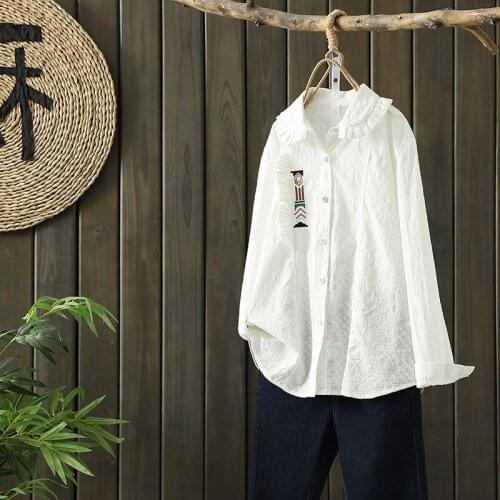 Sweet Ruffles Turn Down Collar White Tops Blouses Women Loose Spring Elegant Embroidery Jacquard Elegant Shirts All-Match Blusas