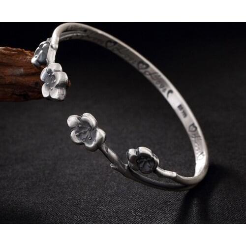 Slim Bracelet girls Sterling Silver 999 retro simple plum solid make old Bracelet foot Silver Open matte Bracelet