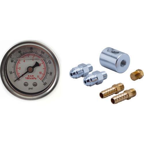 Universal Fuel Pressure Gauge Liquid Filled Polished Case 0-160 psi and 1/8 NPT adaptor kit For fuel injection systems