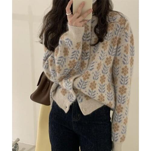 2021 South Korea early spring round neck long sleeve printing single breasted loose and thin retro sweater cardigan shirt women