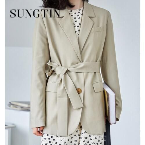 Sungtin Korean Style Casual Sashes Blazer coat Women Spring Office Lady Blazer with Belt Female Chic Elegant Blazer Jacket OL