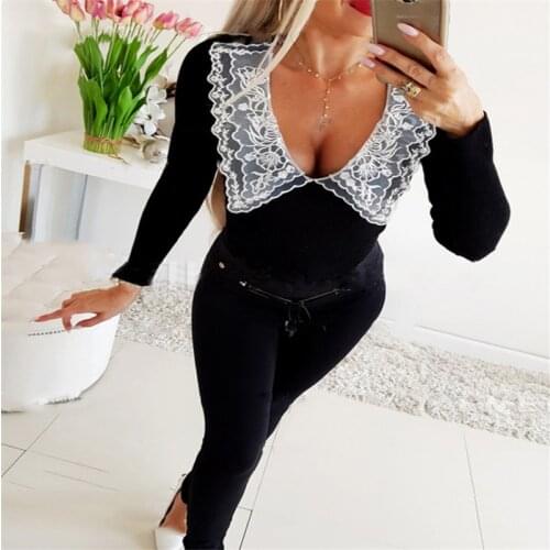 2020 Autumn Lace Blouses Shirts Sexy Club Female Shirts Deep V Summer Fashon Tops Lace Sexy V Neck Long Sleeve Fashon Tops Women