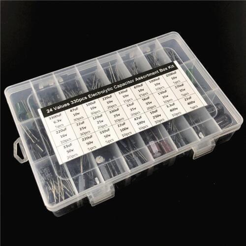 24 values 330pcs 6.3/10V/16V/25V/35/50V/100V/250V/400V (3.3uF ~ 2200uF) mix Electrolytic capacitor Assorted kit with storage box