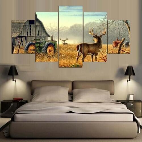 5pcs Animal Whitetail Deers on Farm Wood House Poster Wall Art Decor Modular Picture Canvas Paintings For Living Home Decoration