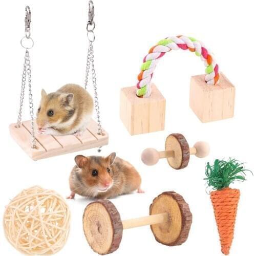 6Pcs Hamster Toy Set Hamster Wooden Swing Molar Carrot Toy Small Animal Pet Exercise Tool Chew Toys