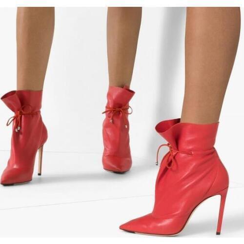 Moraima Snc Red Stitch Lace up Stiletto Boots Ankle Boots Sexy Pointed Toe Thin Heels Boots for Woman Autumn Riding Boots