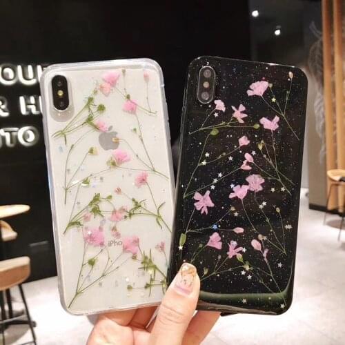 Real Dry Pressed Flower Glitter Case For iPhone 12 11 Pro MAX 12Mini Transparent Case For iPhone X XR 8 7 Plus 6 6s Soft Cover