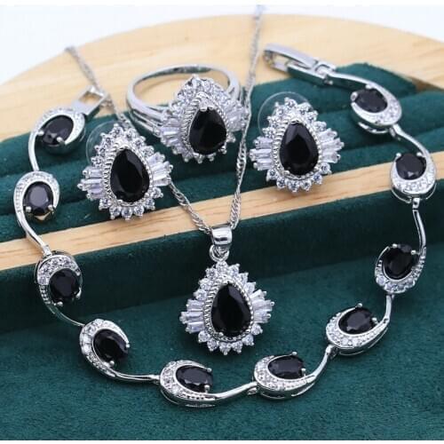 Black Green Stones Silver Jewelry Sets For Women Bracelet Necklace pendant Ring Stud Earrings 2021 New