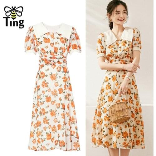 Tingfly Vintage Elegant Button Up Turn Down Collar Floral Midi Dresses Party Midi Long Dress Vestidos Zaful Boho Robes Traf