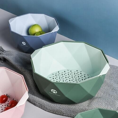 Double Geometric Hollow Drain Basket Bowl Washing Kitchen Strainer Noodle Vegetable Fruit Storage Dry Storage Kitchen Strainer