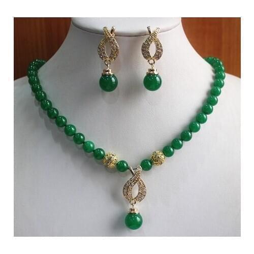 Elegant 8mm green jades necklace dangle Natural JADE earring&pendant jewelry set